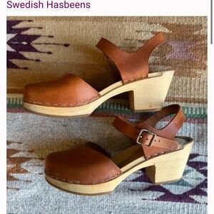 Swedish Hasbeen tan leather slingback clogs size 38